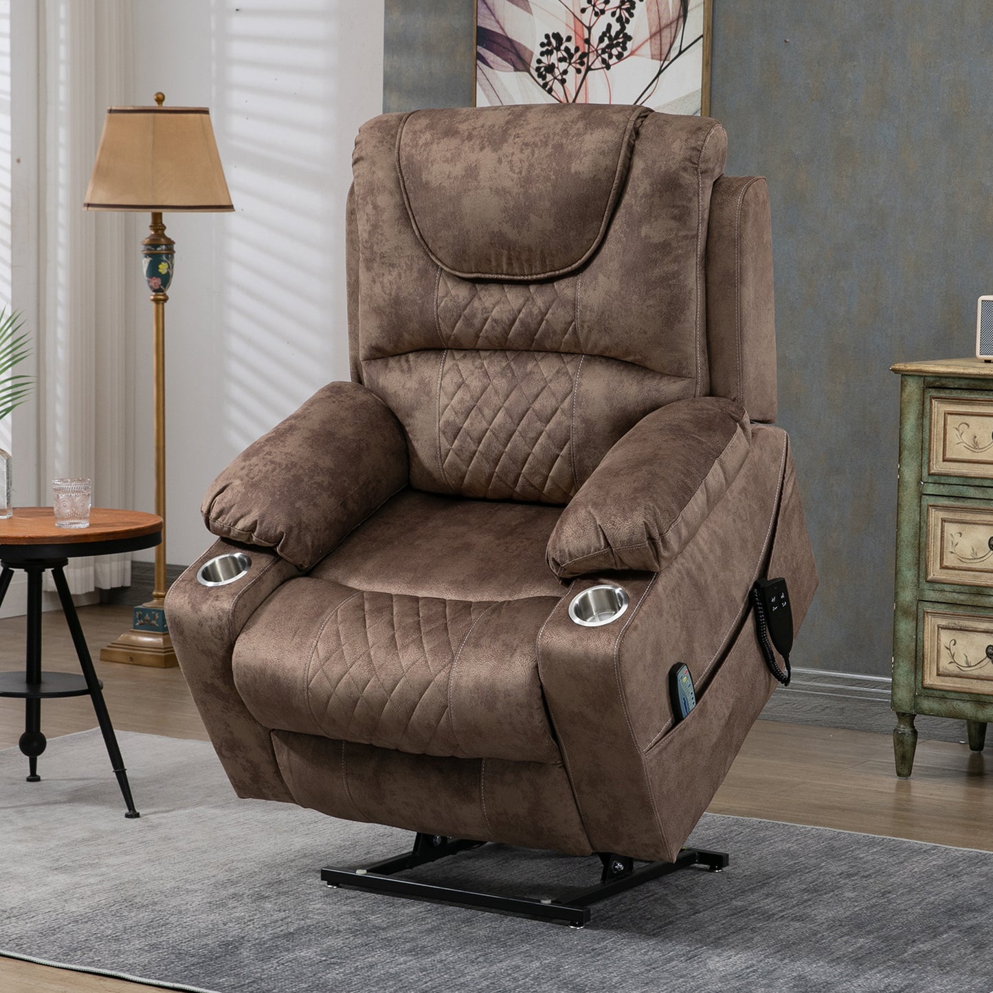 SYNGAR Power Lift Recliner Chair with Massage and Heat for Elderly, Lay Flat Sleeping Overstuffed Wide Recliners, Heavy Duty and Safety Motion Reclining Mechanism with 2 Cup Holders, Brown