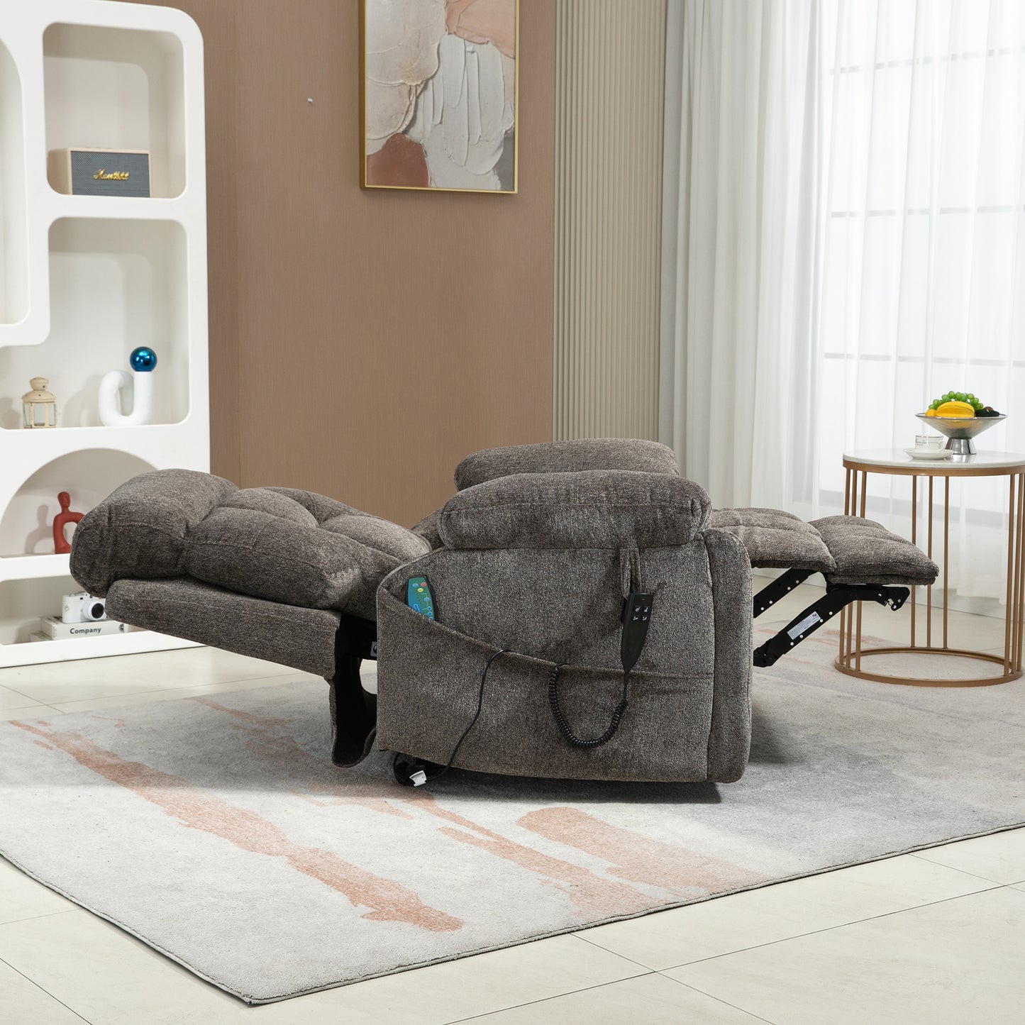 SYNGAR Large Power Lift Chair Recliner Oversized for Elderly, Heavy Duty Electric Lift Recliner with Heat Therapy and Massage, 180 Degrees Lying Flat Recliner Sofa for Tall Men, Light Brown