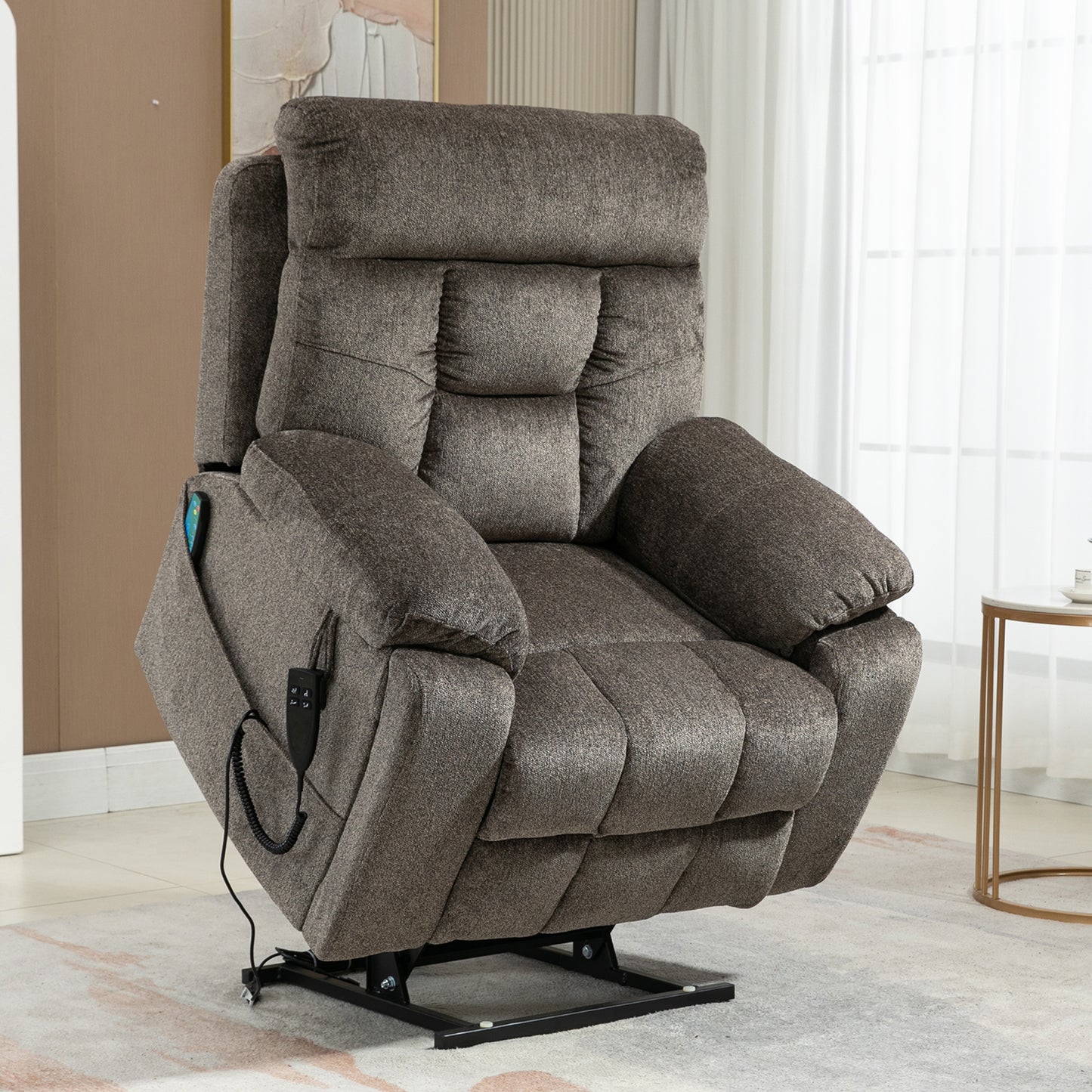 SYNGAR Large Power Lift Chair Recliner Oversized for Elderly, Heavy Duty Electric Lift Recliner with Heat Therapy and Massage, 180 Degrees Lying Flat Recliner Sofa for Tall Men, Light Brown