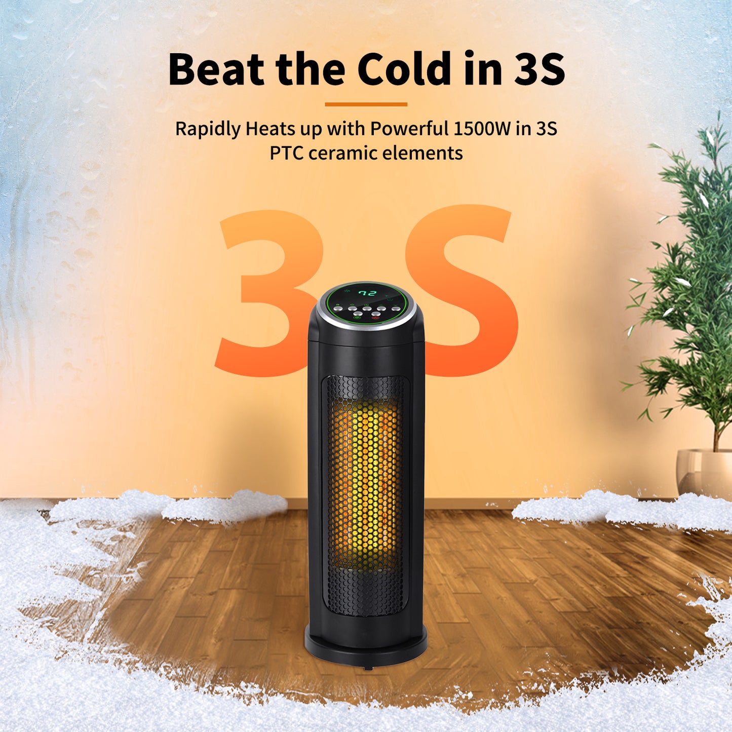SYNGAR Space Heater for Indoor Use, Fast Heating, Electric & Portable Tower Heater with Thermostat, 1500W Room Heater with 2 Modes, 12H Timer, LED Display, Safe for Office Use, Black