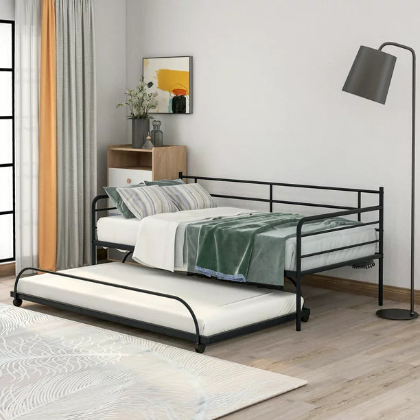Premium Daybed Metal Bed Frame, Twin Size Bed with Trundle, Daybed and Roll Out Trundle for Kids Room Guest Room Apartment, Easy Assembly, Mattresses Sold Separately
