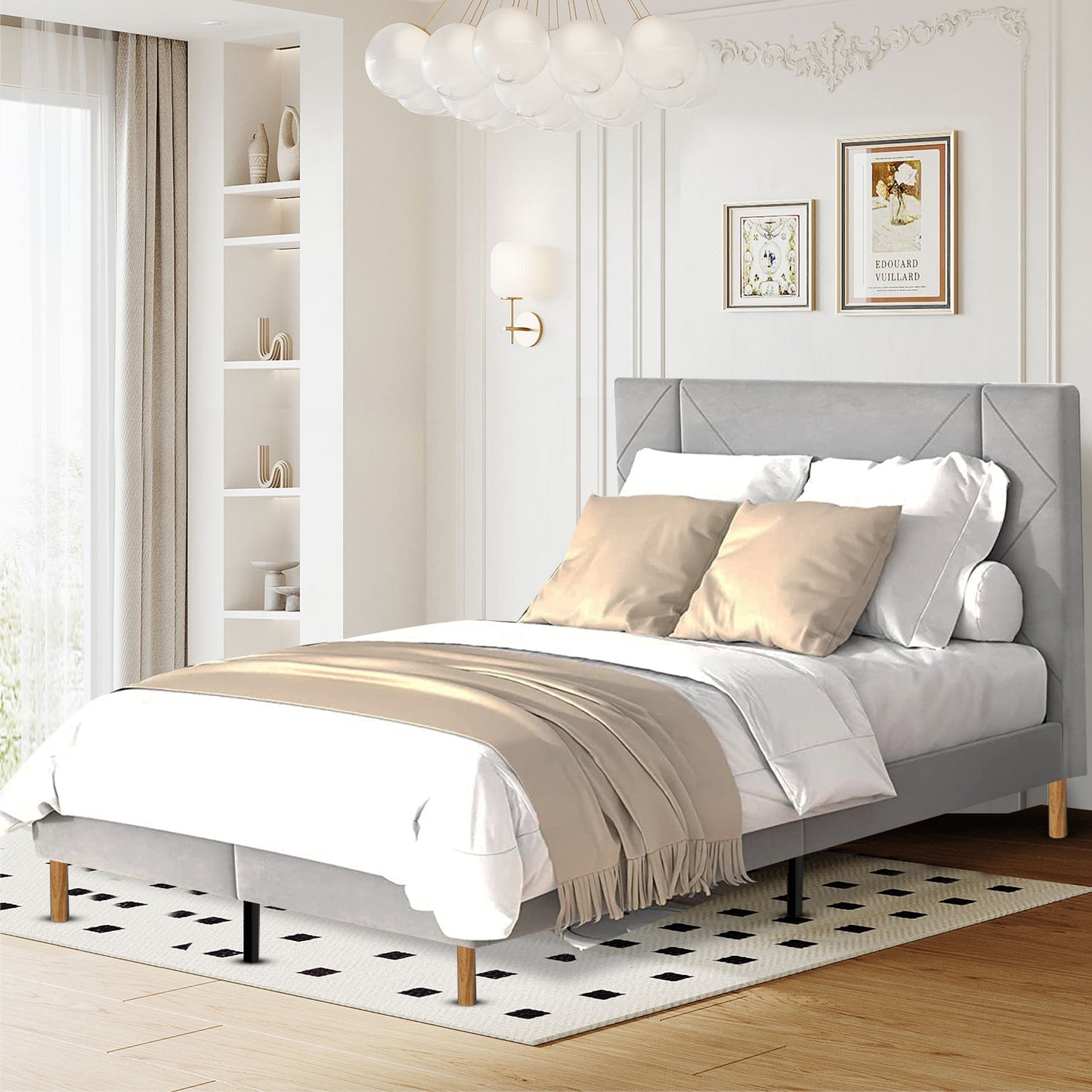 SYNGAR Full Bed Frame, New Upgrade Full Size Velvet Upholstered Platform Bed Frame with Elegant Headboard, Bedroom Furniture Wooden Frame Platform Bed Frame, No Box Spring Needed, Gray