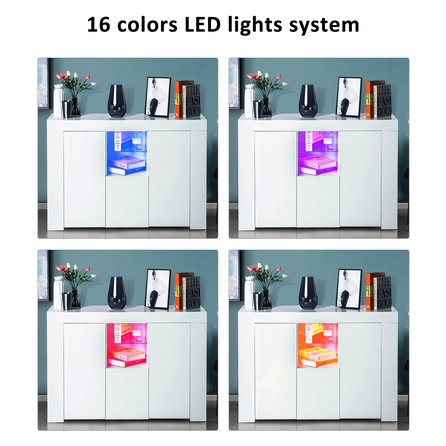 White Buffet Table, Modern Storage Cabinet, High Gloss Console Table with 16 Colors LED Lights/Drawer, Credenzas & Sideboards for Living Room/Dining Room/Kitchen/Entryway, Console Table