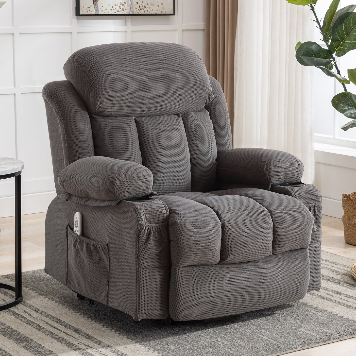 SYNGAR Power Lift Recliner Chair for Living Room, Electric Recliner Chair with Heat and Massage Function, USB Charge Port and Cup Holders, Oversized Velvet Reclining Sofa for Home Theater, Gray