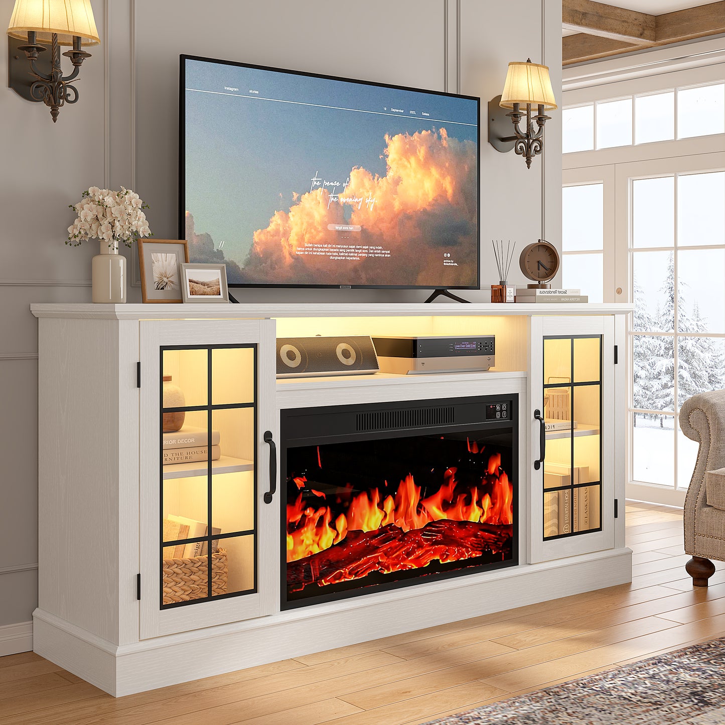 SYNGAR 63" Fireplace TV Stand for TVs up to 70" with 32" Electric Fireplace, Entertainment Center with LED, Modern Television Table Center With Remote Control for Living Room, Black