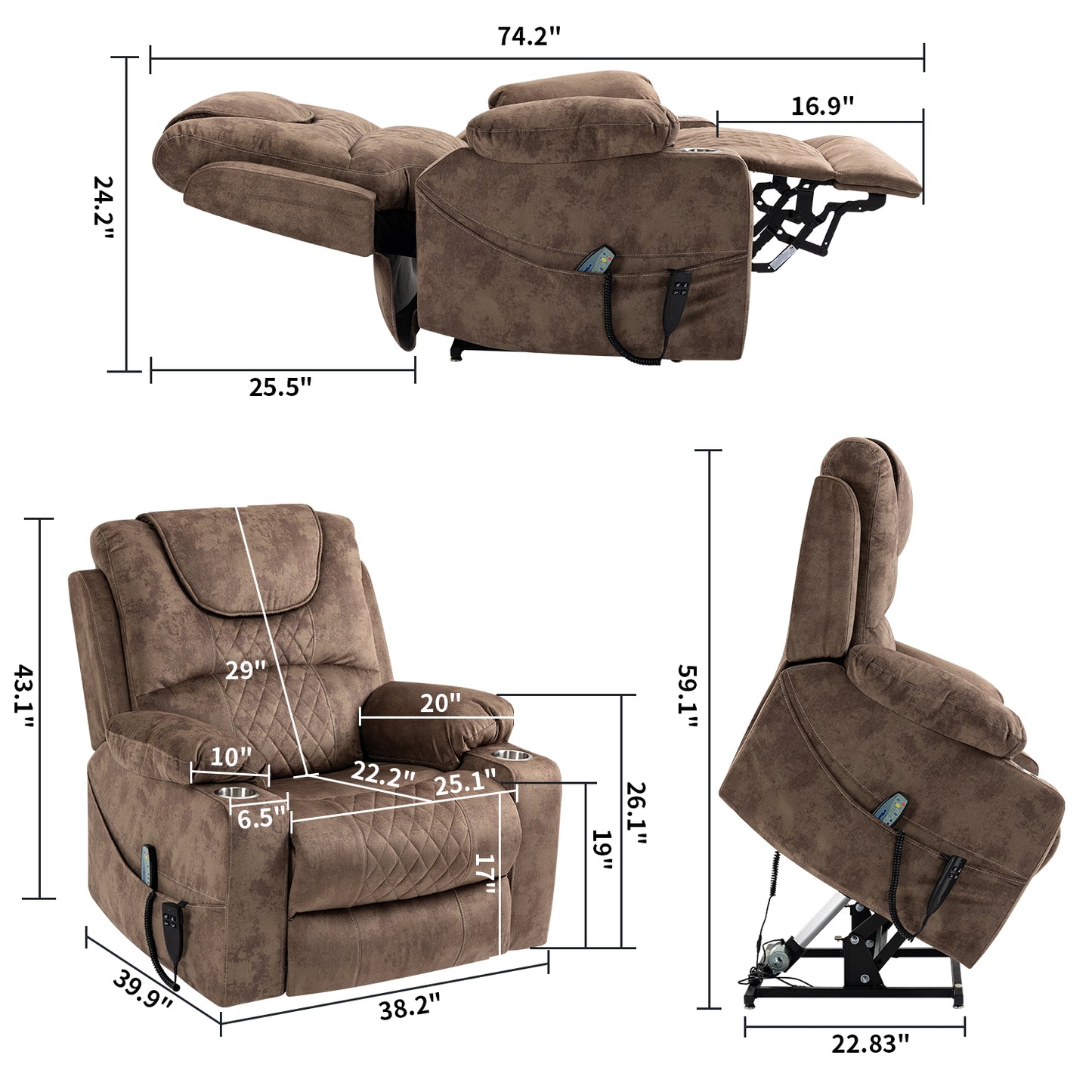 SYNGAR Power Lift Recliner Chair with Massage and Heat for Elderly, Lay Flat Sleeping Overstuffed Wide Recliners, Heavy Duty and Safety Motion Reclining Mechanism with 2 Cup Holders, Brown