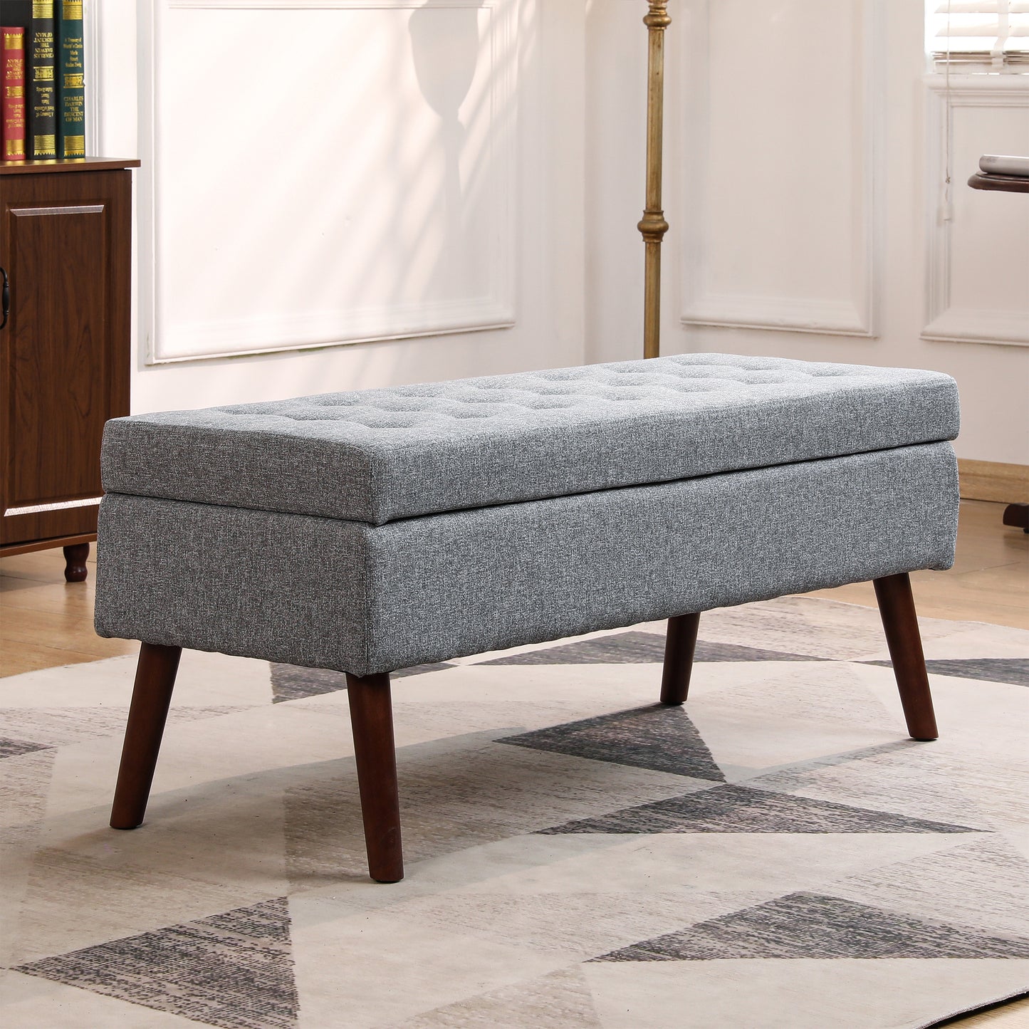 Syngar Modern Storage Bench, Upholstered Storage Ottoman with Wood Leg, PU Leather Entryway Bench with Storage for Living room, Bedroom, and Shop, Capacity of 300lbs, Easy Assemble