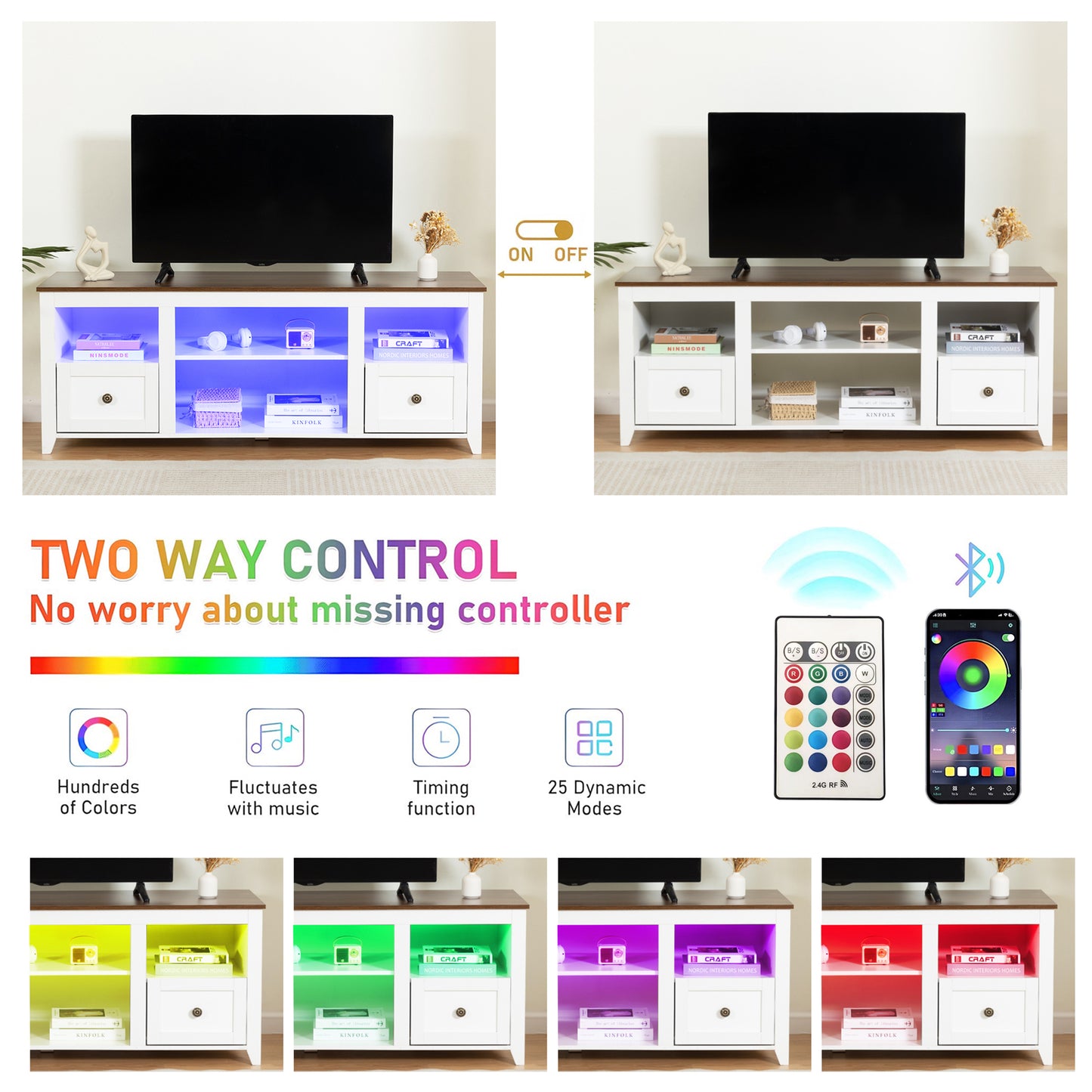 SYNGAR TV Stands for 60" TVs, Farmhouse TV Console with Remote Control LED Light, Wood TV Cabinet with Drawers and Adjustable Shelves, Entertainment Center, Vintage Handle, Anti-Skid Pad, White