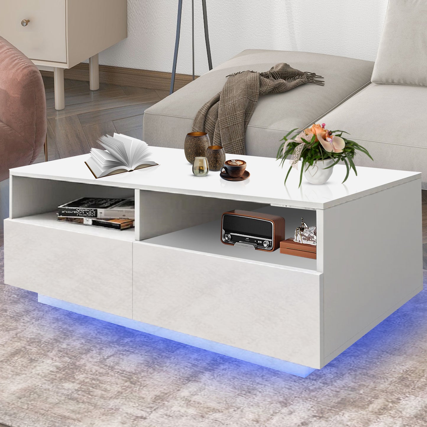 SYNGAR LED Coffee Table with 4 Storage Sliding Drawers and Open Shelves, Modern High Glossy Center Table Rectangular with Multiple Colors LED Lights for Living Room Bedroom, Easy Assembly, White