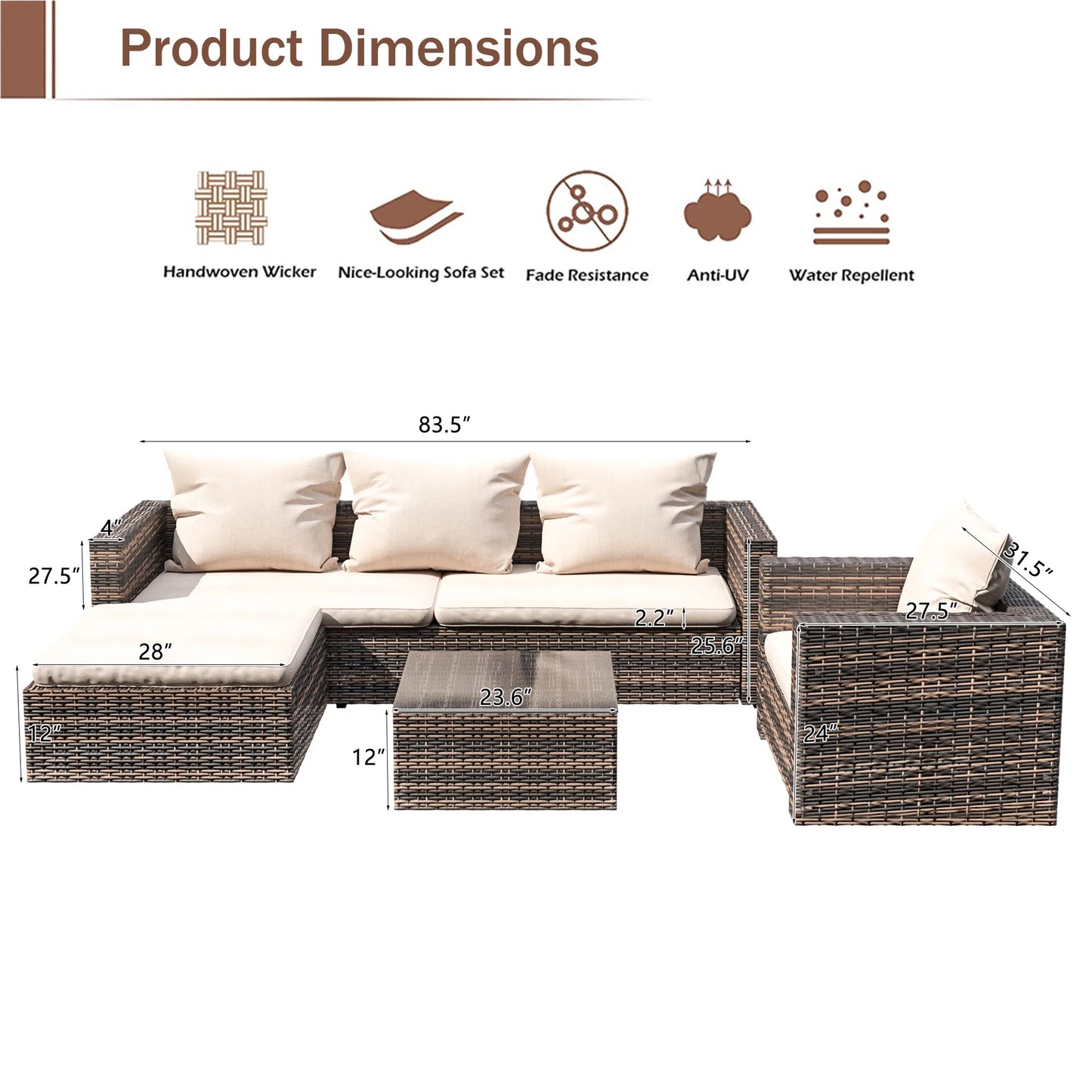 Rattan Patio Sofa Set, 4 Piece Outdoor Sectional Furniture Set, All-Weather PE Rattan Wicker Patio Conversation Set, Cushioned Sofa Set with Glass Table for Garden Pool Deck Porch, K2829