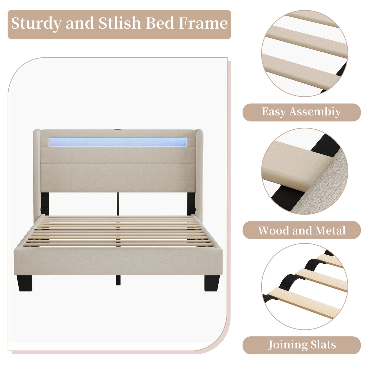 SYNGAR Full Bed Frame with LED Light Headboard, Modern Upholstered Platform Bed Frame with USB Port and Storage Headboard, Bedroom Furniture, No Box Spring Needed, Easy Assembly, Beige