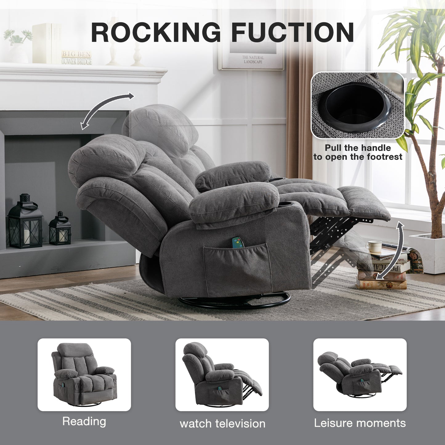 SYNGAR Recliner Chair for Elderly, Massage Chair with USB, Cup Holders and Side Pockets, Living Room Single Sofa Seat Nursery Swivel Rocker Sofa Lounge Chair, Heavy Duty Reclining Mechanism, Gray