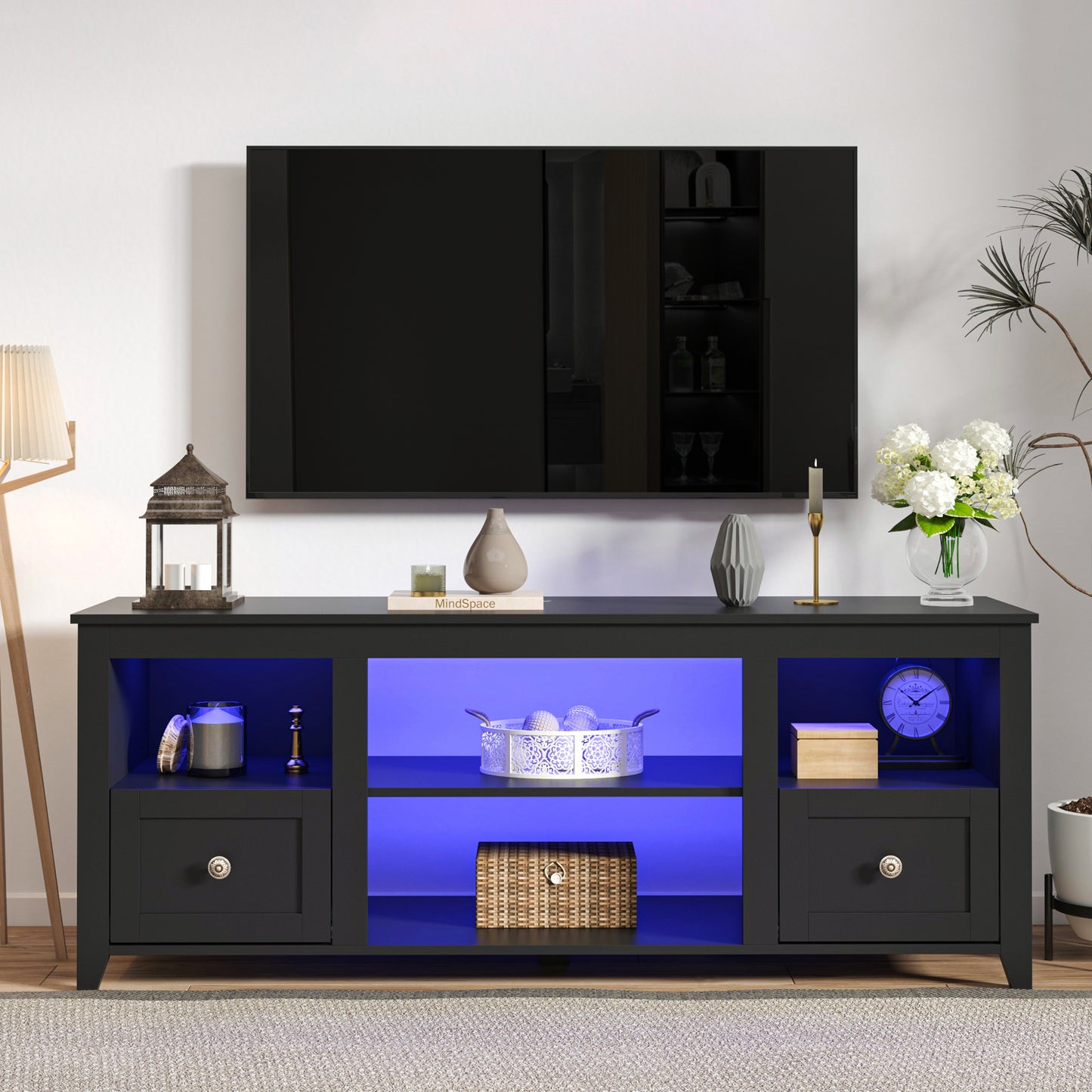 SYNGAR TV Stands for 60" TVs, Farmhouse TV Console with Remote Control LED Light, Wood TV Cabinet with Drawers and Adjustable Shelves, Entertainment Center, Vintage Handle, Anti-Skid Pad, White