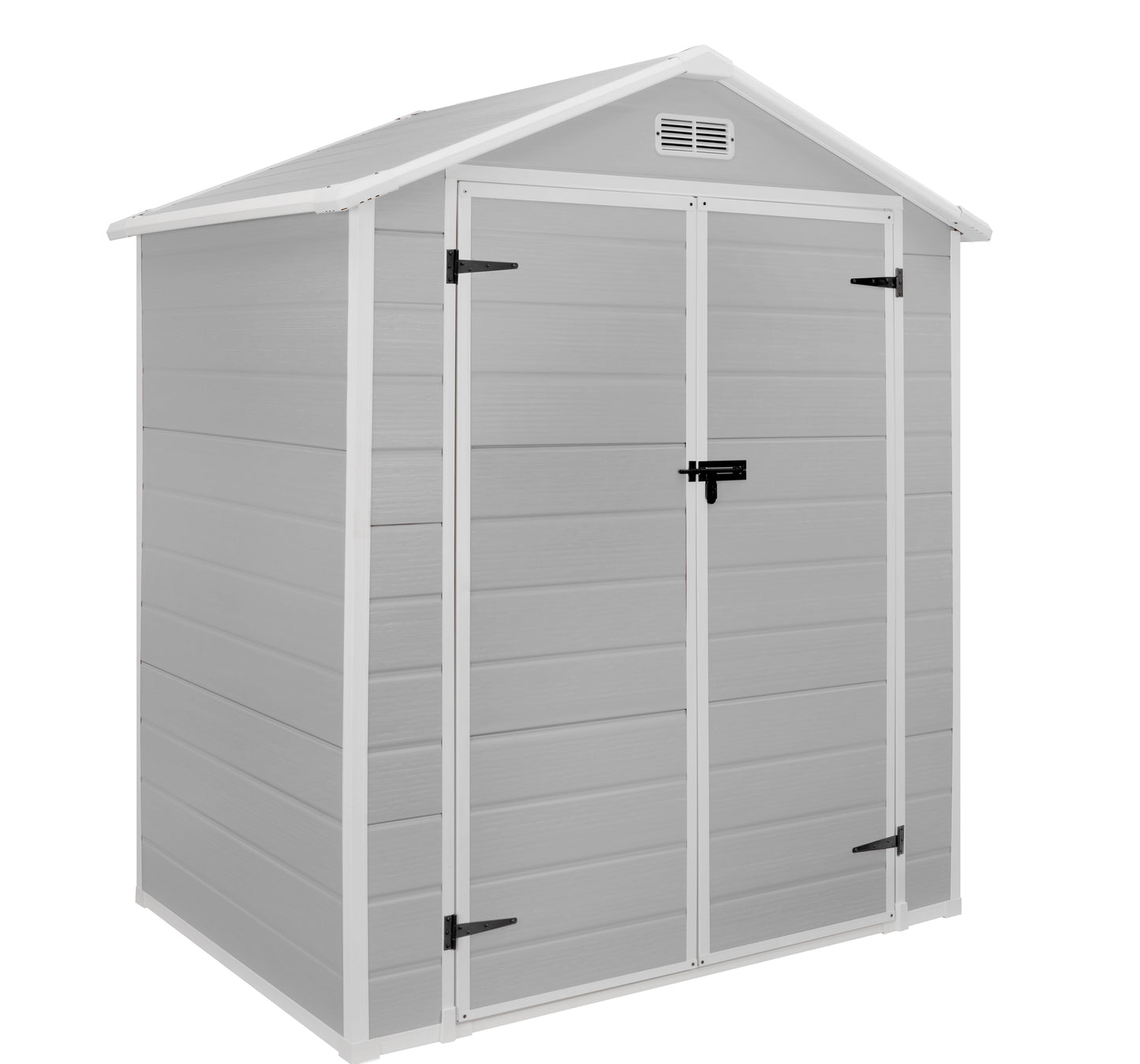 Syngar 6ft x 4ft Outdoor Plastic Storage Shed, All-Weather Tool Shed with Reinforced Floor, Pitched Roof and Double Lockable Doors, Large Garden Shed for Bikes, Lawnmowers, Trash Cans, Grey & White