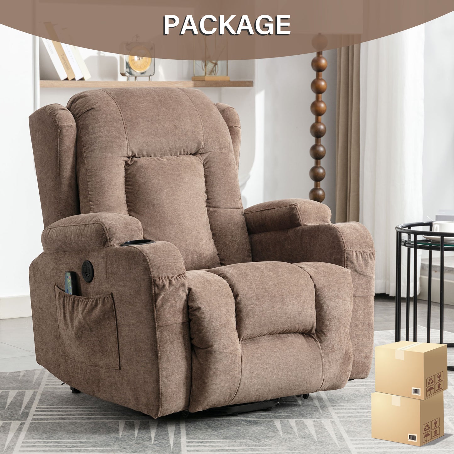 Power Lift Recliner Chair, Electric Elderly Sofa with Heat and Massage Function, Heavy Duty Reclining Mechanism with USB Charge Port, Cup Holders, Side Pockets for Living Room Home Theater, Brown