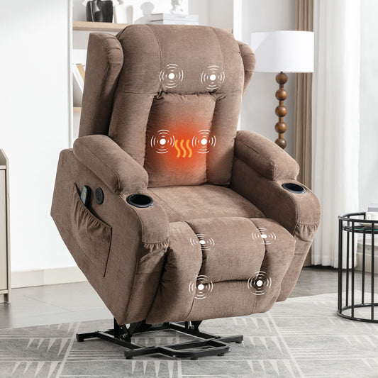 Power Lift Recliner Chair, Electric Elderly Sofa with Heat and Massage Function, Heavy Duty Reclining Mechanism with USB Charge Port, Cup Holders, Side Pockets for Living Room Home Theater, Brown