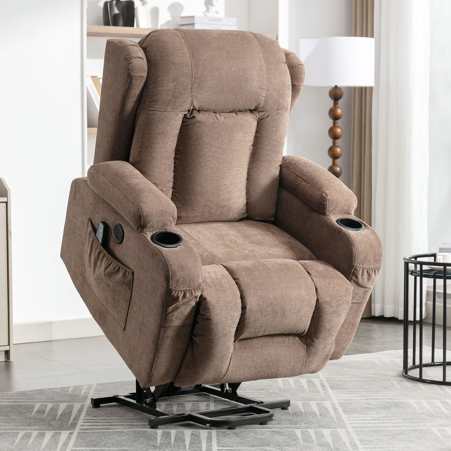 Power Lift Recliner Chair, Electric Elderly Sofa with Heat and Massage Function, Heavy Duty Reclining Mechanism with USB Charge Port, Cup Holders, Side Pockets for Living Room Home Theater, Brown