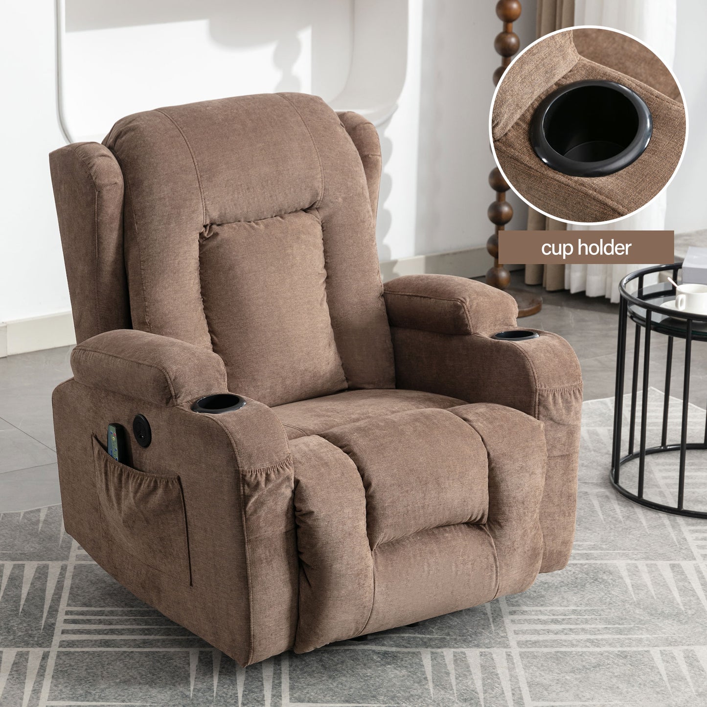Power Lift Recliner Chair, Electric Elderly Sofa with Heat and Massage Function, Heavy Duty Reclining Mechanism with USB Charge Port, Cup Holders, Side Pockets for Living Room Home Theater, Brown