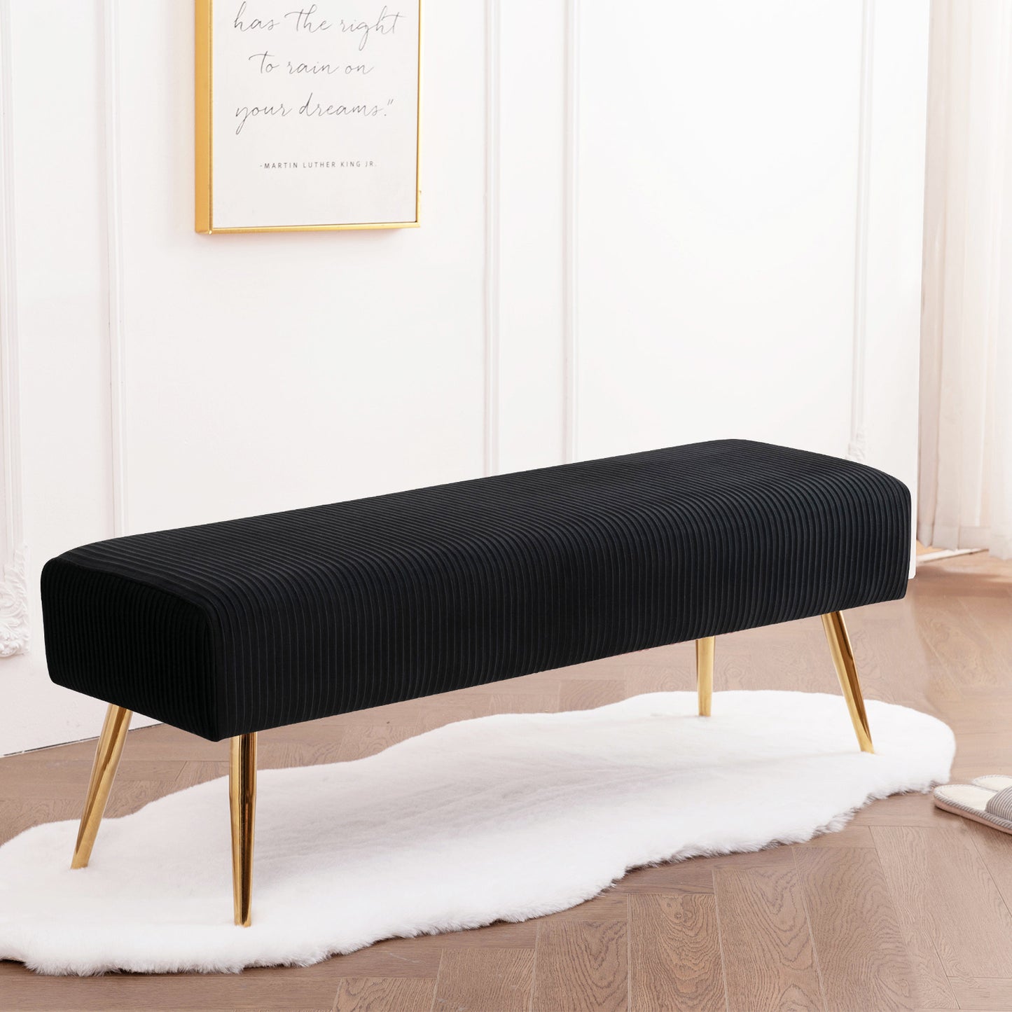 SYNGAR Upholstered Bench, Mid Century Modern Rectangular Footrest for Bedroom Entryway Channel, Velvet Fabric Bench for Bedroom End of Bed, Entryway Ottoman Bench with Gold Metal Legs, Black