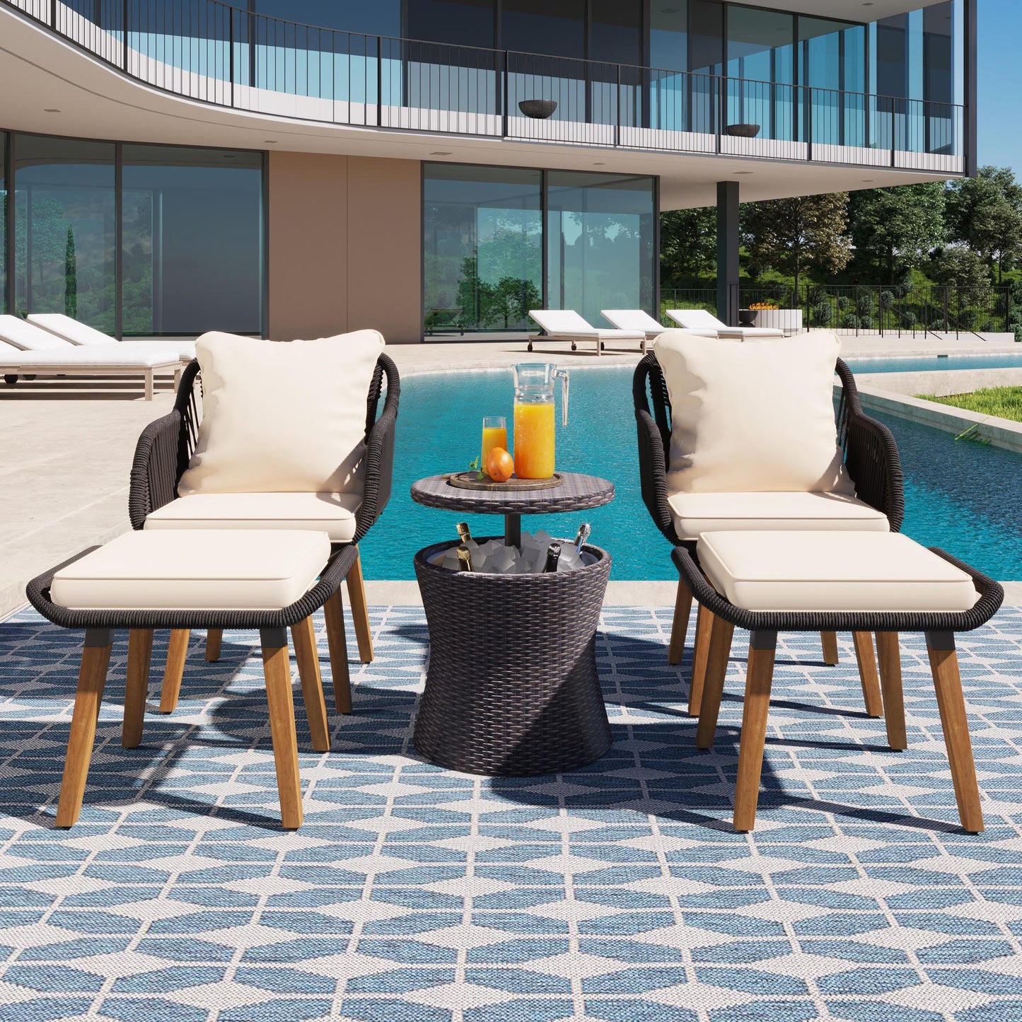 5 Piece Wicker Patio Furniture Set, Rattan Patio Chair Set with Ottoman and Wicker Cool Bar Table, Outdoor Furniture Set with Beige Seat Cushion for Garden, Backyard, Porch, Balcony, Poolside