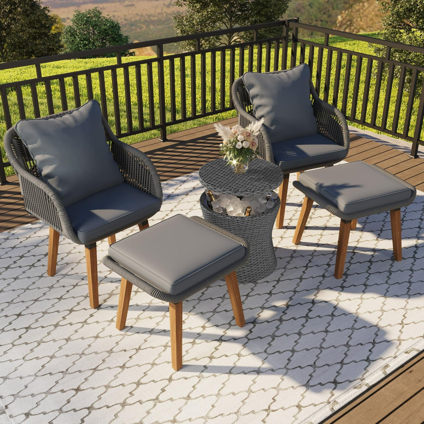 5 Piece Outdoor Rattan Furniture Set, Patio Cushioned Sofa Chairs with Ottoman Footrest and Cool Bar Table, All Weather Sectional Furniture Set with Gray Seat Cushion for Backyard, Deck, Balcony
