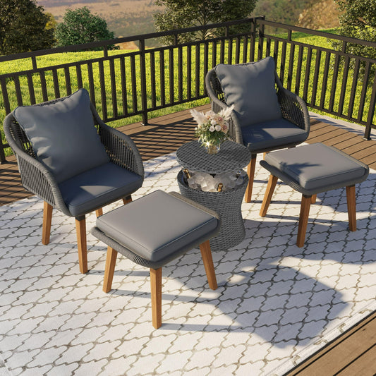 5 Piece Wicker Patio Furniture Set, Rattan Patio Chair Set with Ottoman and Wicker Cool Bar Table, Outdoor Furniture Set with Gray Seat Cushion for Garden, Backyard, Porch, Balcony, Poolside
