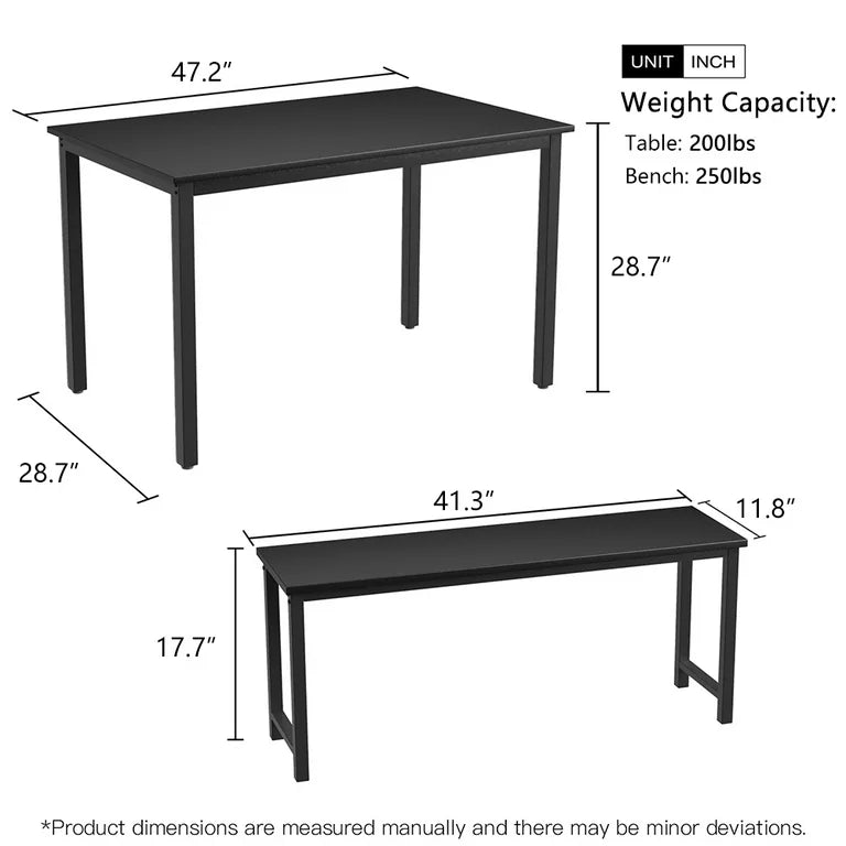 3 Piece Dining Table Set, Modern Kitchen Table and Bench for 6, MDF Board Table Top and Metal Frame Kitchen Furniture Set, Breakfast Nook Table with Two Benches for Home Apartment Office, B1204