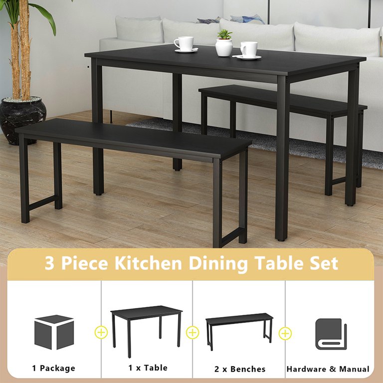 3 Piece Dining Table Set, Modern Kitchen Table and Bench for 6, MDF Board Table Top and Metal Frame Kitchen Furniture Set, Breakfast Nook Table with Two Benches for Home Apartment Office, B1204