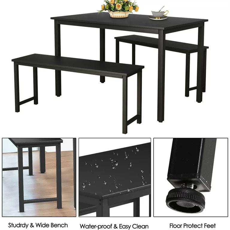 3 Piece Dining Table Set, Modern Kitchen Table and Bench for 6, MDF Board Table Top and Metal Frame Kitchen Furniture Set, Breakfast Nook Table with Two Benches for Home Apartment Office, B1204