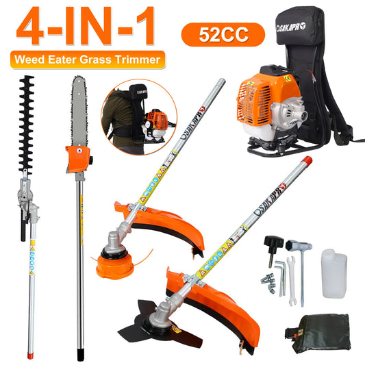 4 in 1 Weed Eater Grass Trimmer, Multi-Functional String Trimmer with Gas Pole Saw, Hedge Trimmer, Weed Trimmer, and Brush Cutter, Weed Eater with Backpack for Patio Garden Lawn, 52CC 2-Cycle