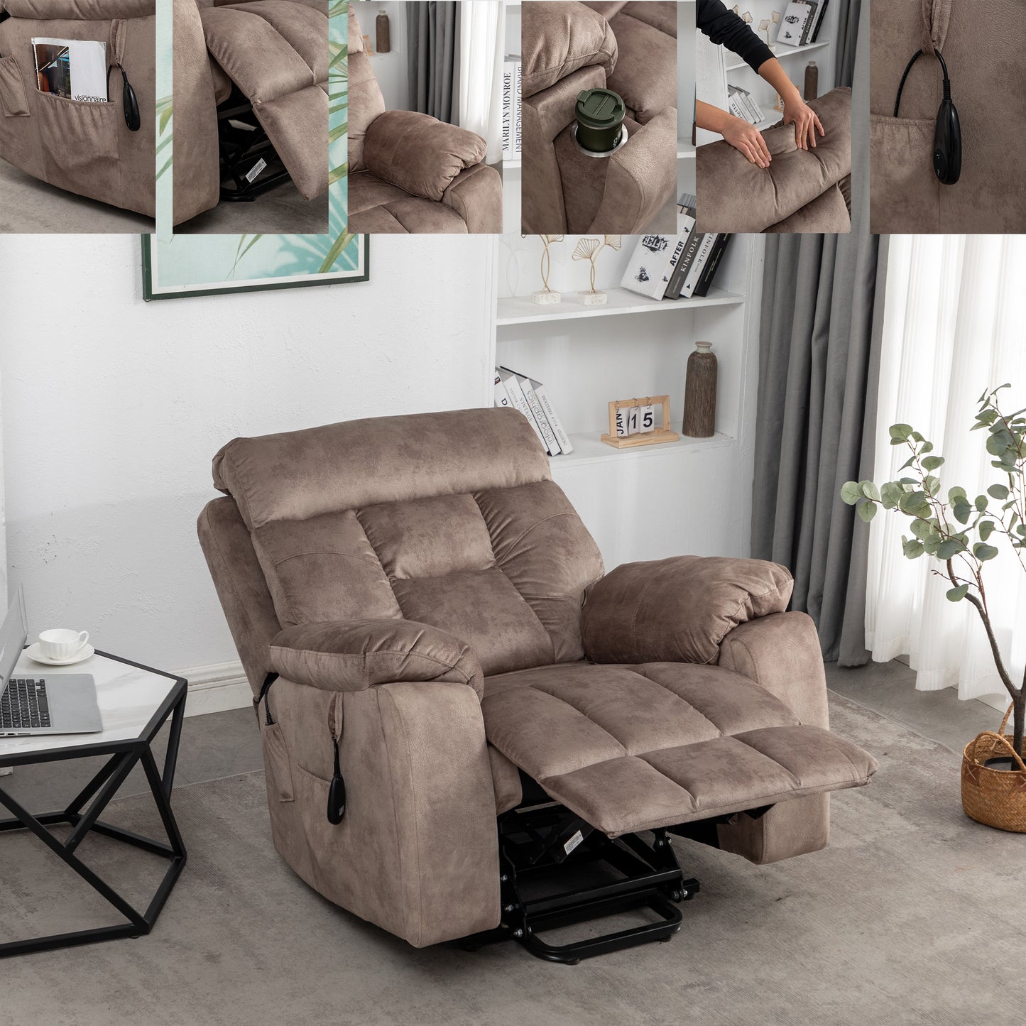 SYNGAR Electric Lift Recliner Chair with Heat and Massage, Oversized Recliner with Hidden Cup Holder for Living Room, Single Recliner Sofa with 26" Width Seat, Easy Assembly, Light Brown
