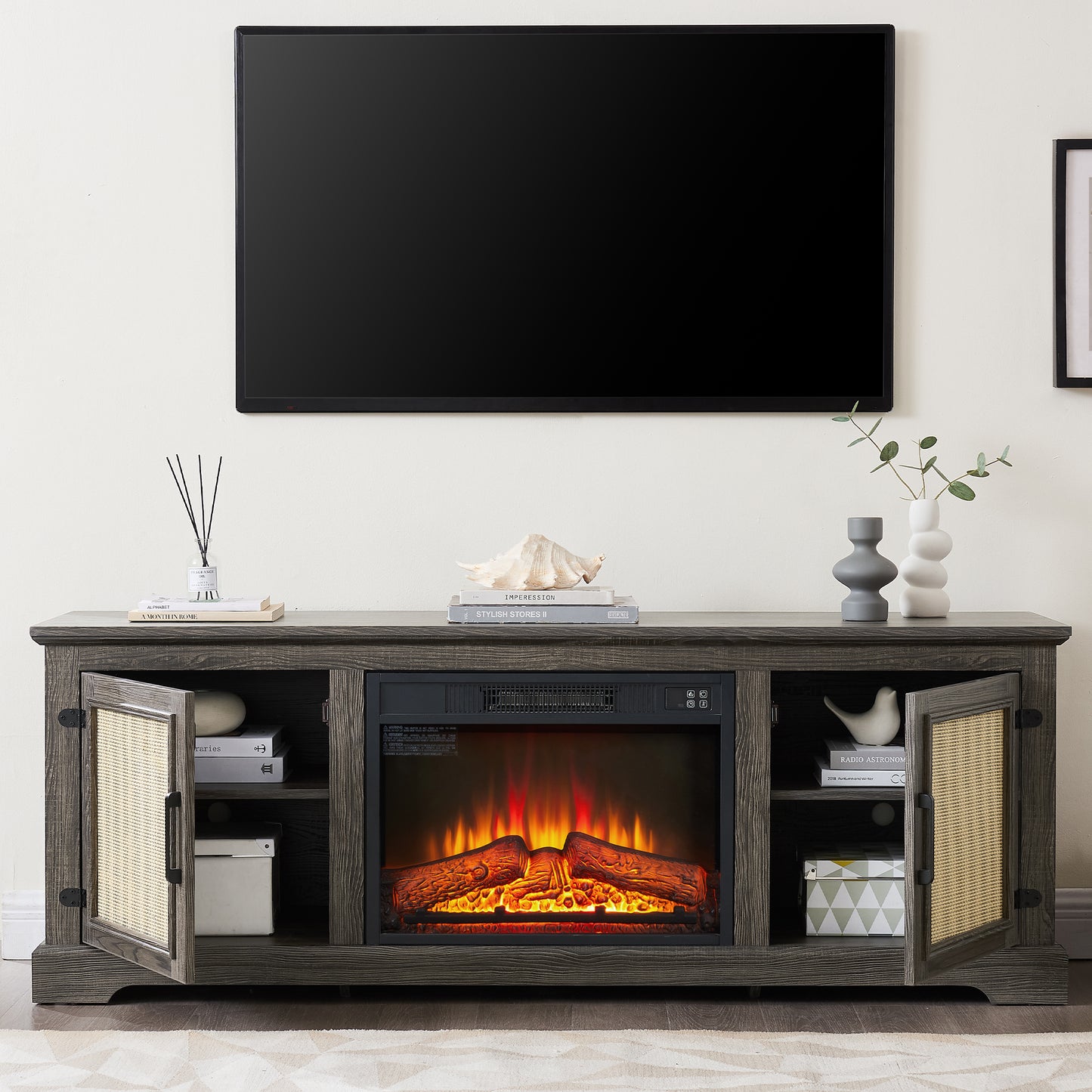 SYNGAR Electric Fireplace TV Stand for 70" TV, Farmhouse TV Stand Entertainment Center with Rattan Doors for Living Room, Wood TV Console with Adjustable Shelves, Remote Control, Gray