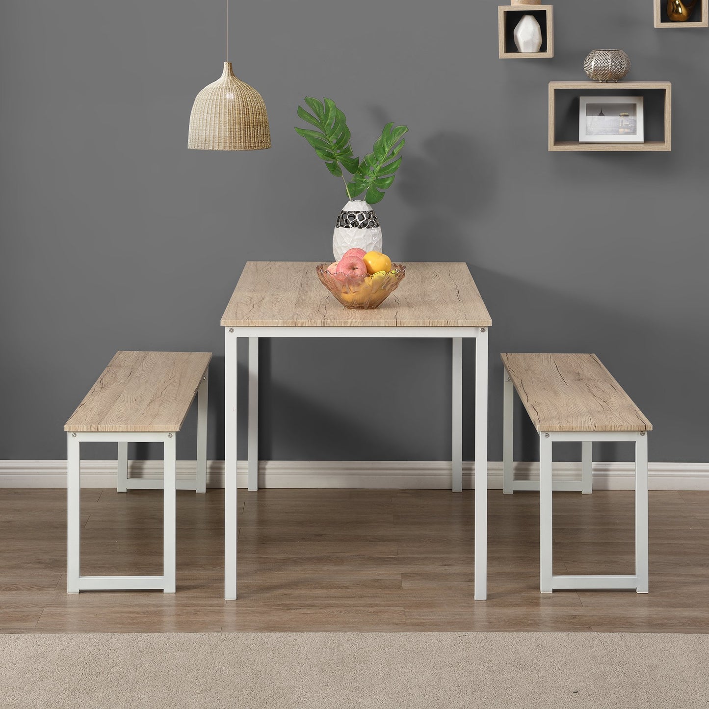 3 Piece Dining Table Set, Modern Kitchen Table and Bench for 6, MDF Board Table Top and Metal Frame Kitchen Furniture Set, Breakfast Nook Table with Two Benches for Home Apartment Office, B1204