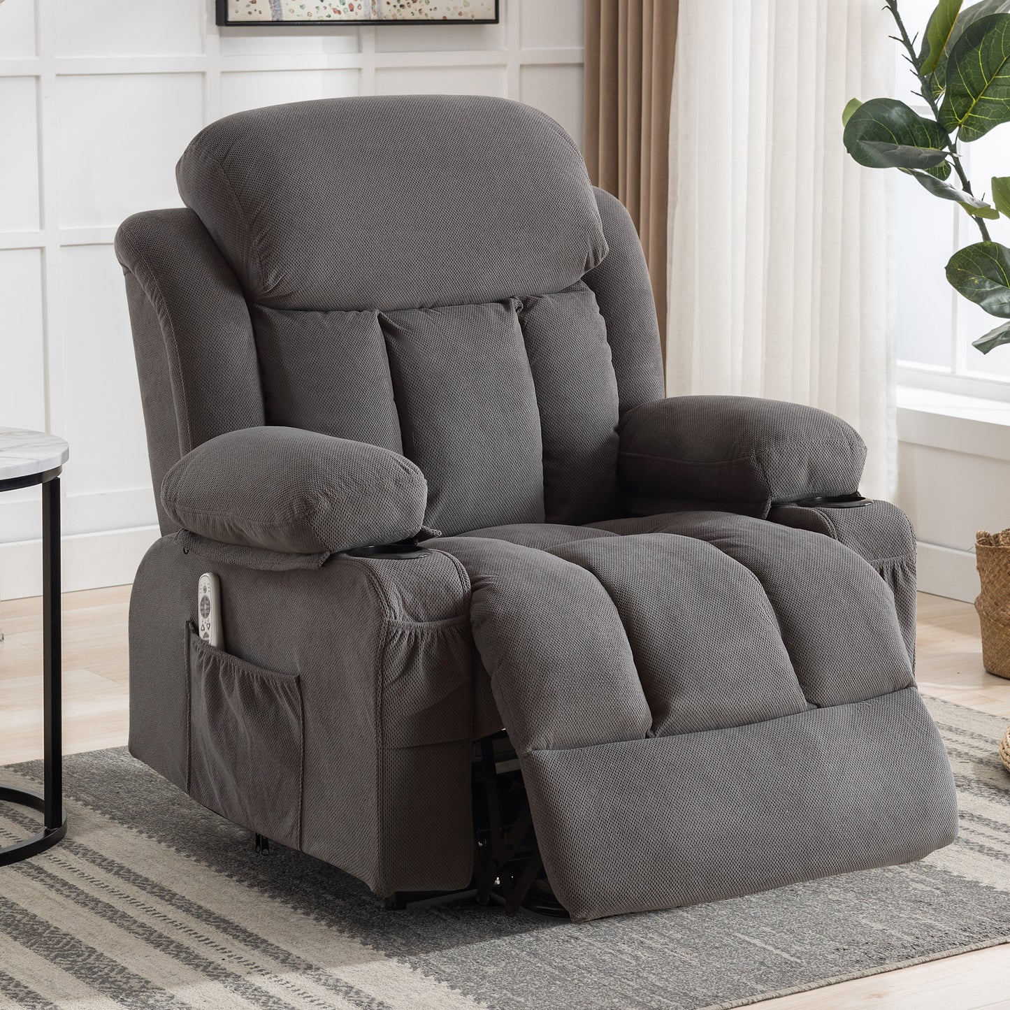 SYNGAR Power Lift Recliner Chair for Living Room, Electric Recliner Chair with Heat and Massage Function, USB Charge Port and Cup Holders, Oversized Velvet Reclining Sofa for Home Theater, Gray