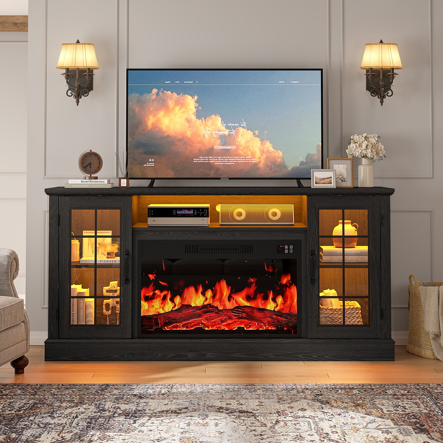 SYNGAR 63" Fireplace TV Stand for TVs up to 70" with 32" Electric Fireplace, Entertainment Center with LED, Modern Television Table Center With Remote Control for Living Room, Black