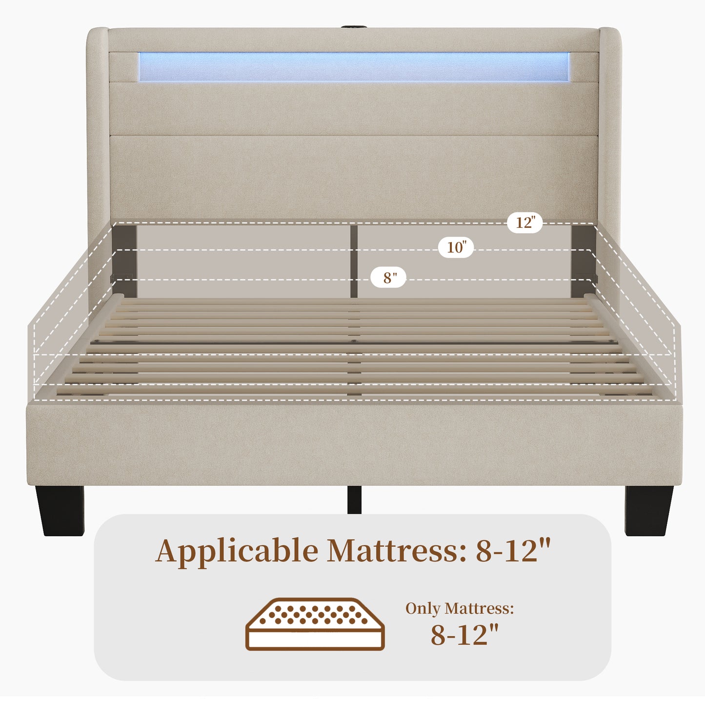 SYNGAR Full Bed Frame with LED Light Headboard, Modern Upholstered Platform Bed Frame with USB Port and Storage Headboard, Bedroom Furniture, No Box Spring Needed, Easy Assembly, Beige