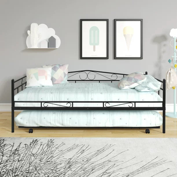 Premium Daybed Metal Bed Frame, Twin Size Bed with Trundle, Daybed and Roll Out Trundle for Kids Room Guest Room Apartment, Easy Assembly, Mattresses Sold Separately