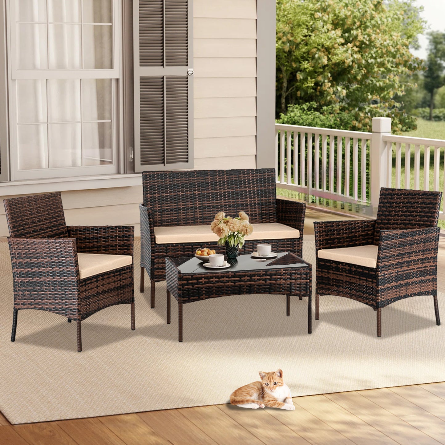 Syngar Patio Furniture Set, 4 Pieces Outdoor Rattan Conversation Sofa Set, All-Weather Wicker Patio Sets, Cushioned Sofa and Coffee Table for Garden Deck Courtyard, Brown