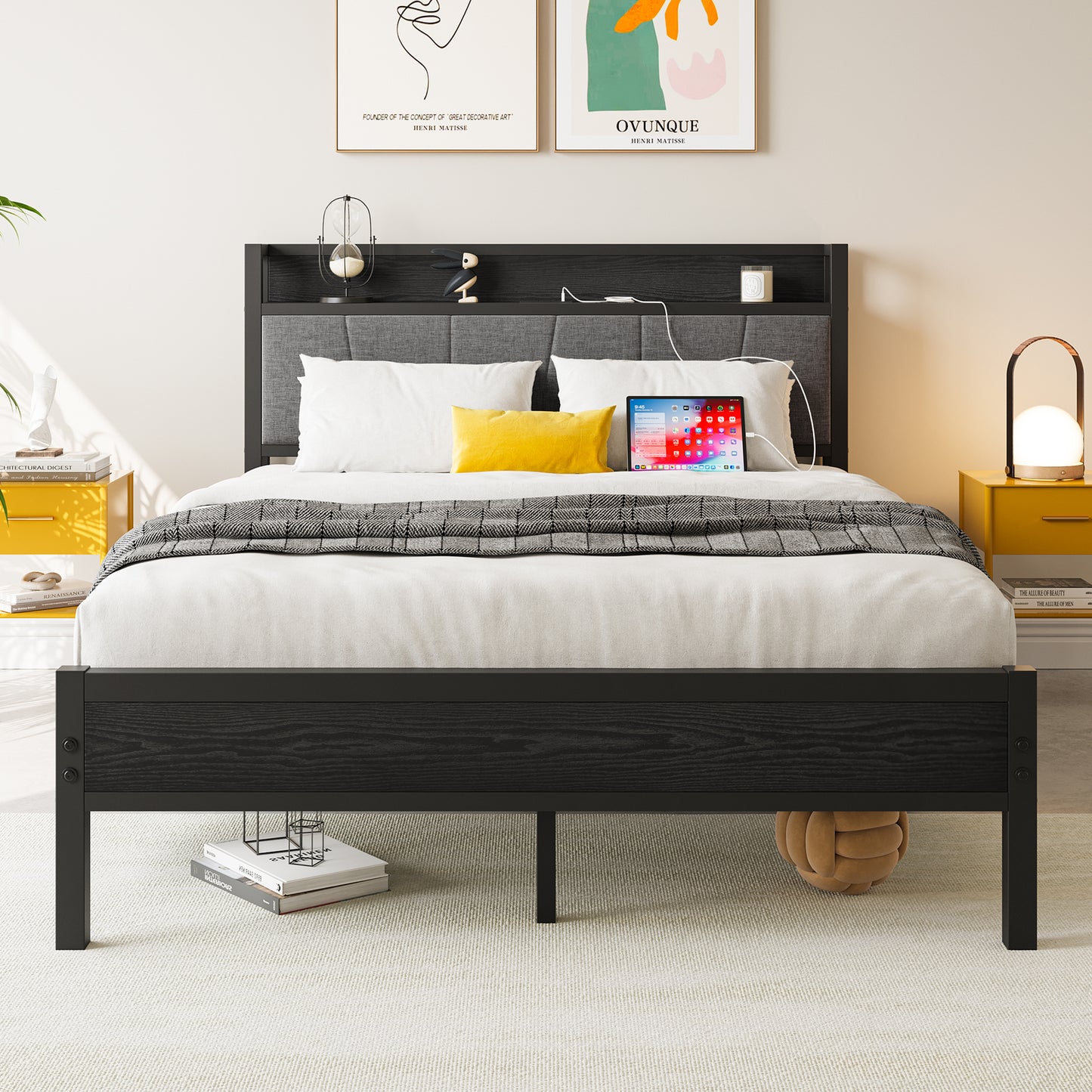 SYNGAR Platform Bed Frame Full Size with Storage Headboard, 2 Charging Outlets and USB Ports, Industrial Metal Full Bed Frame with Strong Slat Support, No Box Spring Needed, Rustic Brown