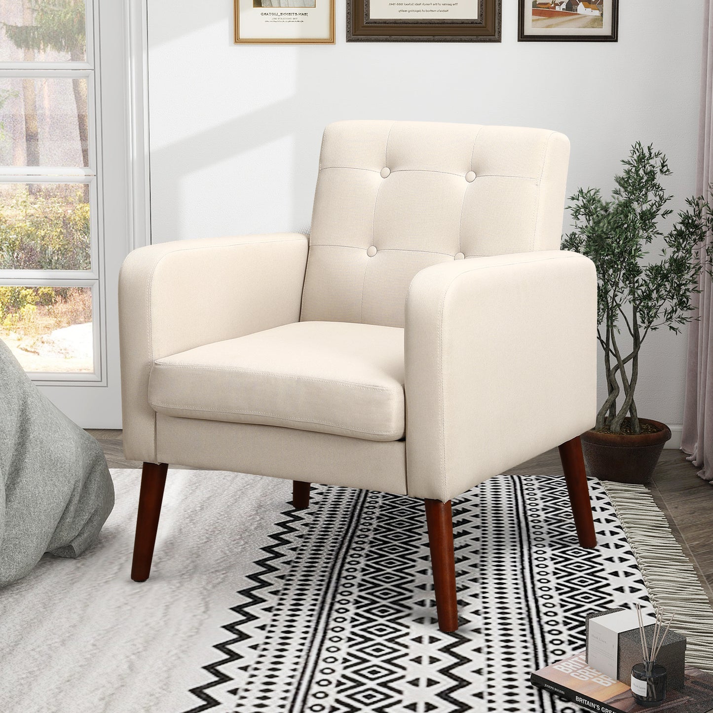 SYNGAR Accent Chair for Living Room, Bedroom Comfy Reading Armchair with Solid Wood Legs, Modern Tufted Arm Chair Soft Linen Upholstered Cozy Side Single Sofa Chair Relaxing Seating, Beige