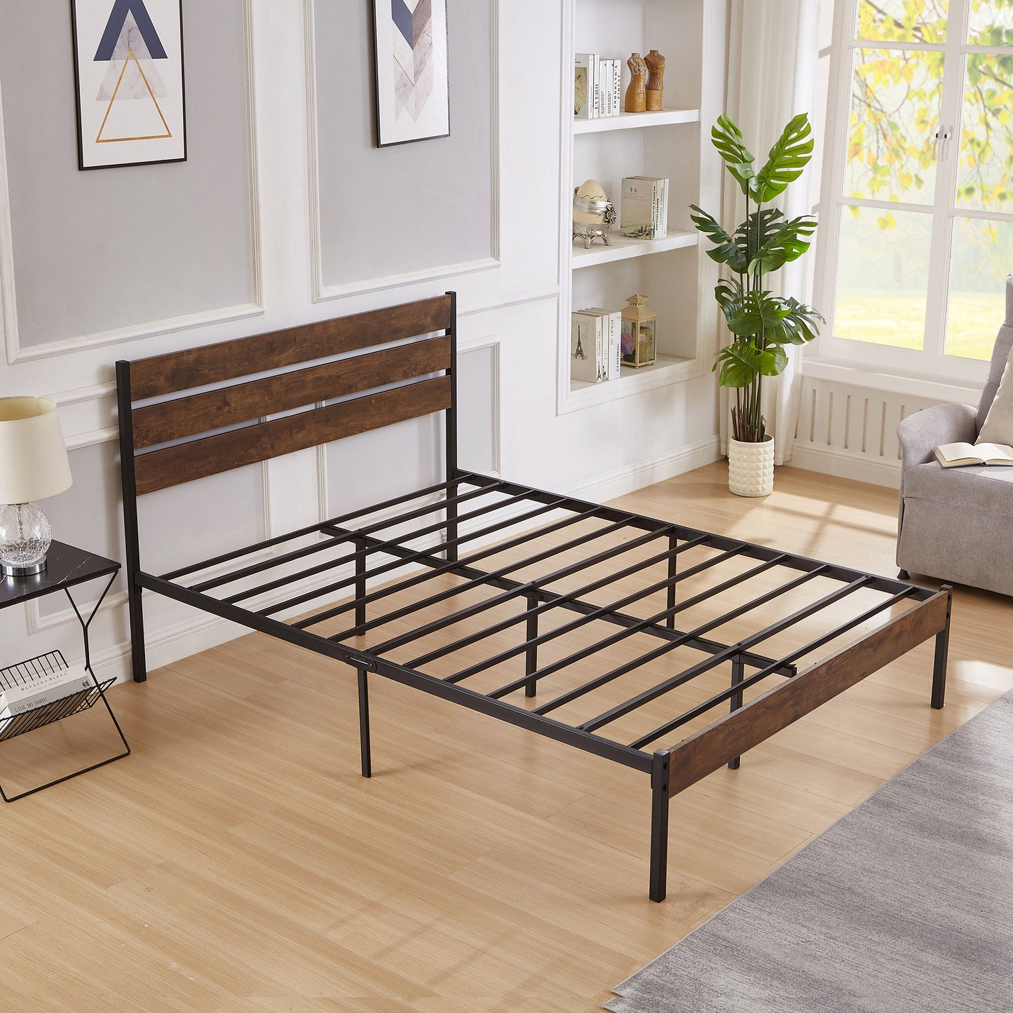 SYNGAR Black Full Size Bed Frame with Wooden Industrial Headboard, Iron Platform Bed Frame Full Metal Bed Mattress Foundation with 700LBS Capacity, No Box Spring Needed, Noise Free