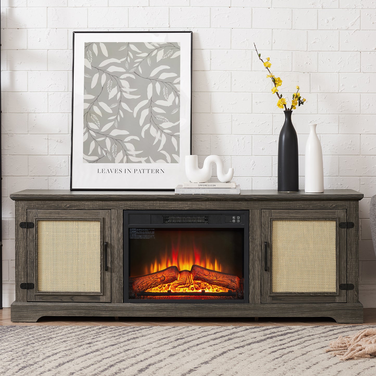 SYNGAR Electric Fireplace TV Stand for 70" TV, Farmhouse TV Stand Entertainment Center with Rattan Doors for Living Room, Wood TV Console with Adjustable Shelves, Remote Control, Gray