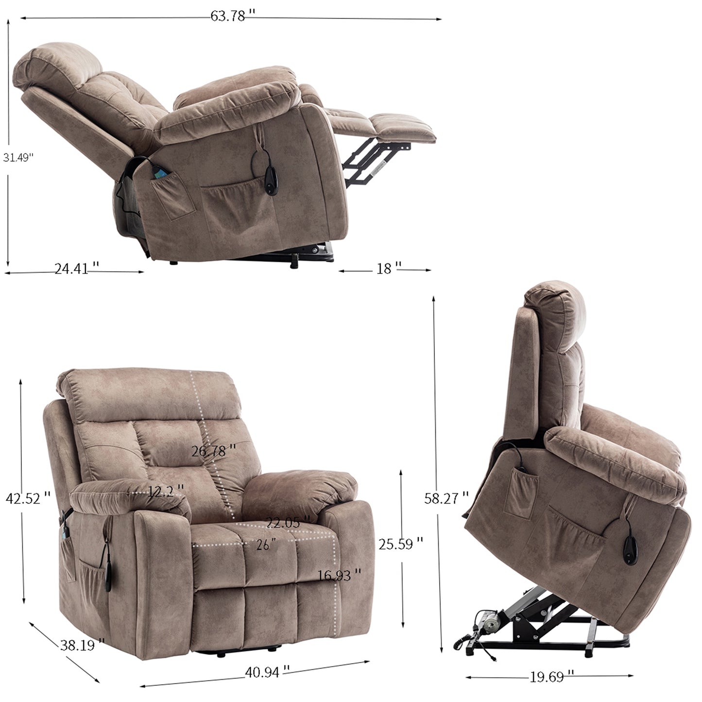 SYNGAR Electric Lift Recliner Chair with Heat and Massage, Oversized Recliner with Hidden Cup Holder for Living Room, Single Recliner Sofa with 26" Width Seat, Easy Assembly, Light Brown
