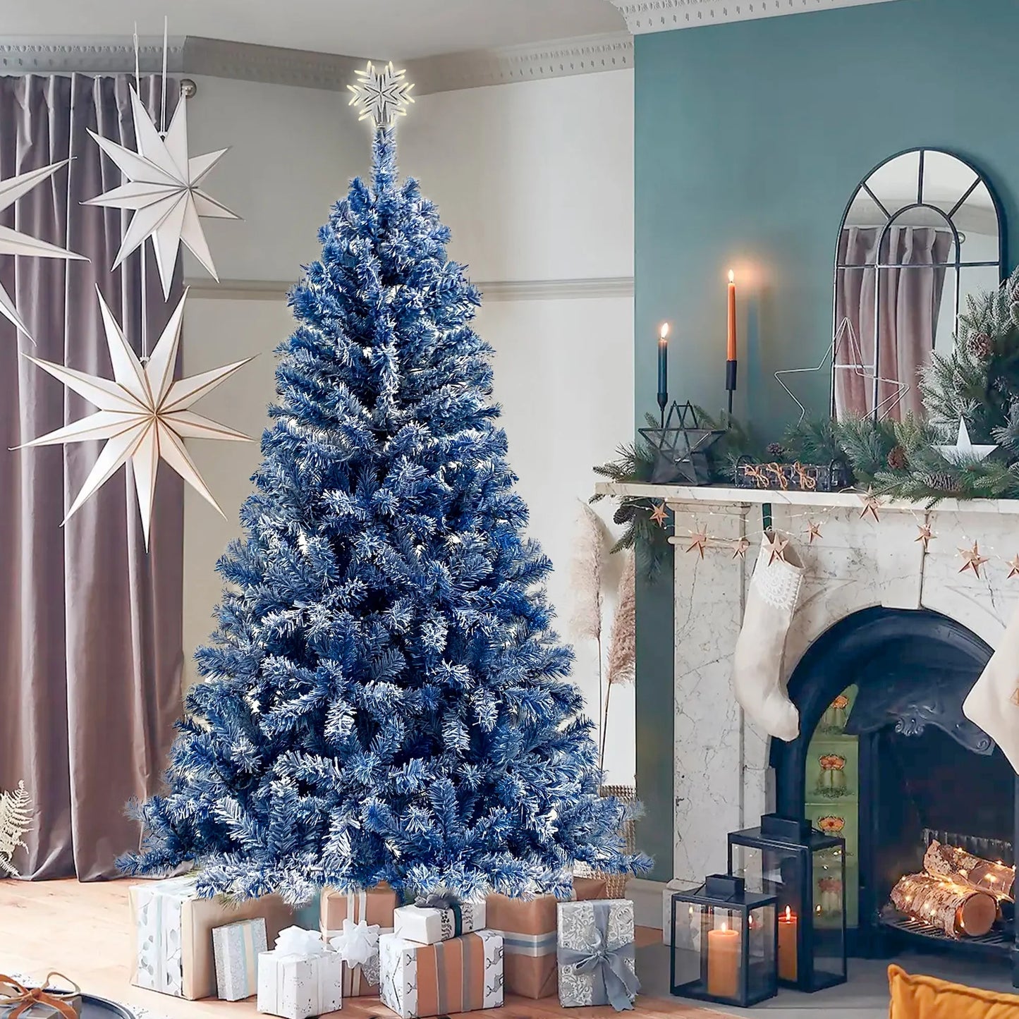 6FT Pre-Lit Snow Flocked Artificial Christmas Tree with 750 Branch Tips, 300 LED Lights, Hinged Fir Artificial Xmas Tree for Christmas, Festival, Halloween, Holiday, Party, Wedding, Blue