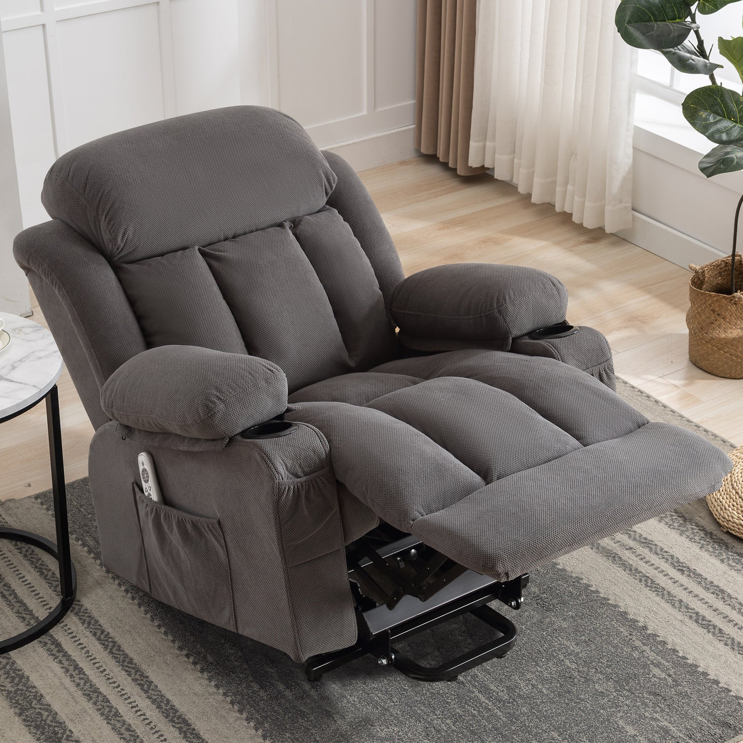 SYNGAR Power Lift Recliner Chair for Living Room, Electric Recliner Chair with Heat and Massage Function, USB Charge Port and Cup Holders, Oversized Velvet Reclining Sofa for Home Theater, Gray