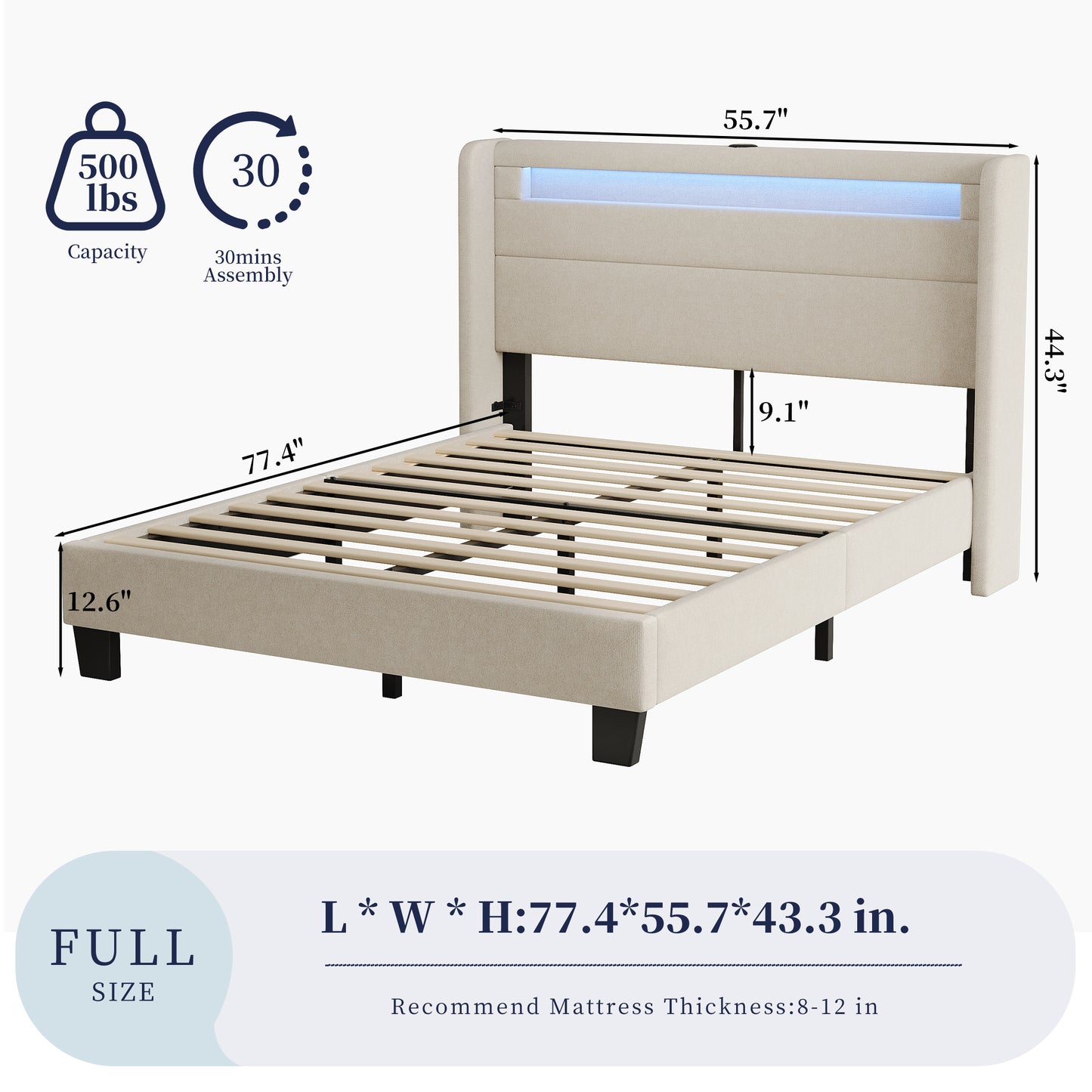 SYNGAR Full Bed Frame with LED Light Headboard, Modern Upholstered Platform Bed Frame with USB Port and Storage Headboard, Bedroom Furniture, No Box Spring Needed, Easy Assembly, Beige