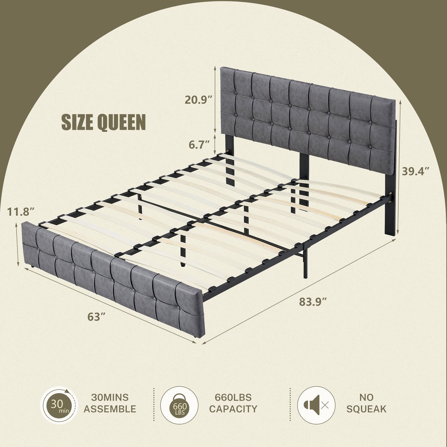 SYNGAR Queen Bed Frame, New Upgrade Queen Size Fabric Upholstered Platform Bed Frame with Elegant Headboard, Height Adjustable, Bedroom Furniture Platform Bed Frame, No Box Spring Needed, Gray