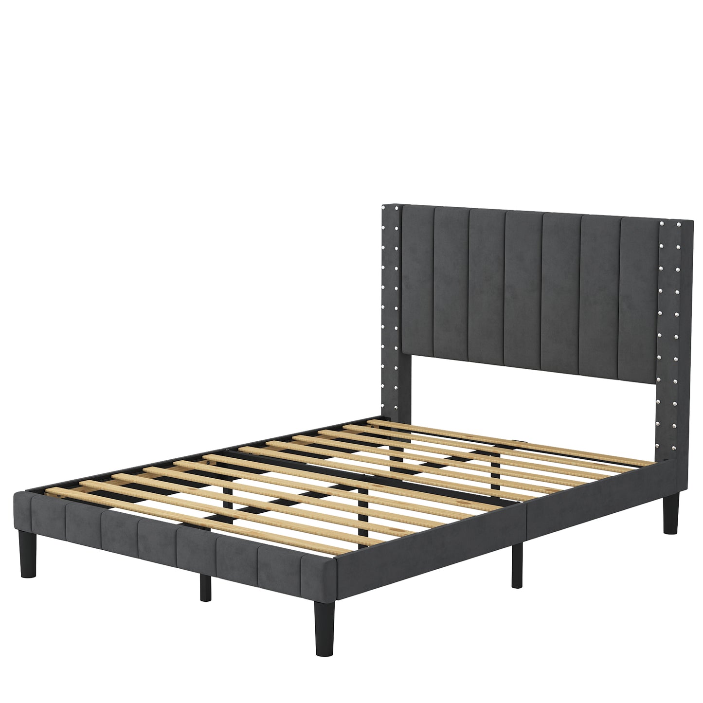 SYNGAR Full Bed Frame, New Upgrade Full Size Fabric Upholstered Platform Bed Frame with Elegant Headboard, Bedroom Furniture Wooden Frame Platform Bed Frame, No Box Spring Needed, Dark Gray