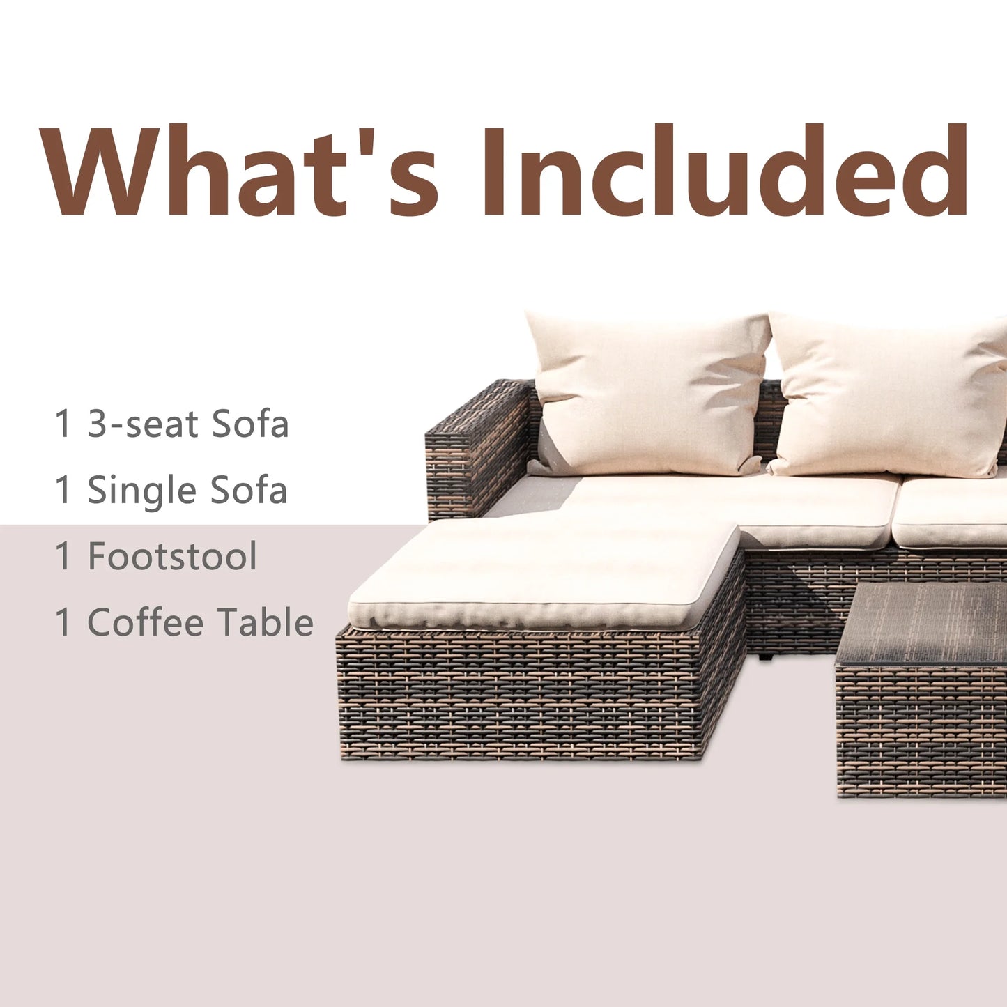 Rattan Patio Sofa Set, 4 Piece Outdoor Sectional Furniture Set, All-Weather PE Rattan Wicker Patio Conversation Set, Cushioned Sofa Set with Glass Table for Garden Pool Deck Porch, K2829