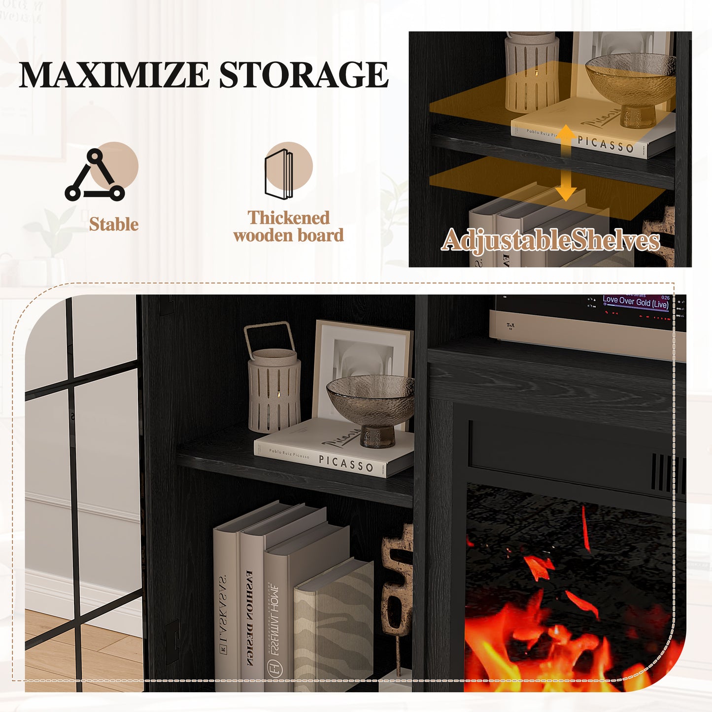 SYNGAR 63" Fireplace TV Stand for TVs up to 70" with 32" Electric Fireplace, Entertainment Center with LED, Modern Television Table Center With Remote Control for Living Room, Black